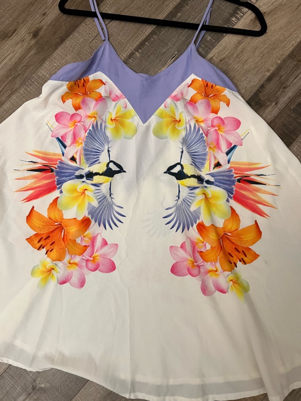 White Floral & Bird Mini Dress with Lavender Bodice size XS NWOT - Picture 3 of 11
